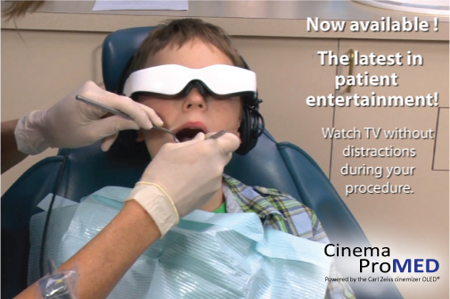 Patient wearing Cinemizer glasses during a relaxed dental appointment